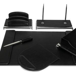 Majestic Goods Office - 8 Pcs Black w/ Silver Ecofriendly Leather Desk Set Majestic Goods Office - 8 Pcs Black w/ Silver Ecofriendly Leather Desk Set